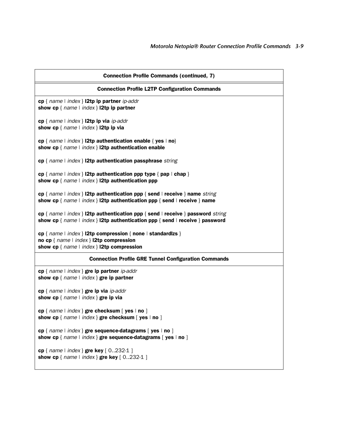 Netopia CLI 874 manual Motorola Netopia Router Connection Proﬁle Commands 