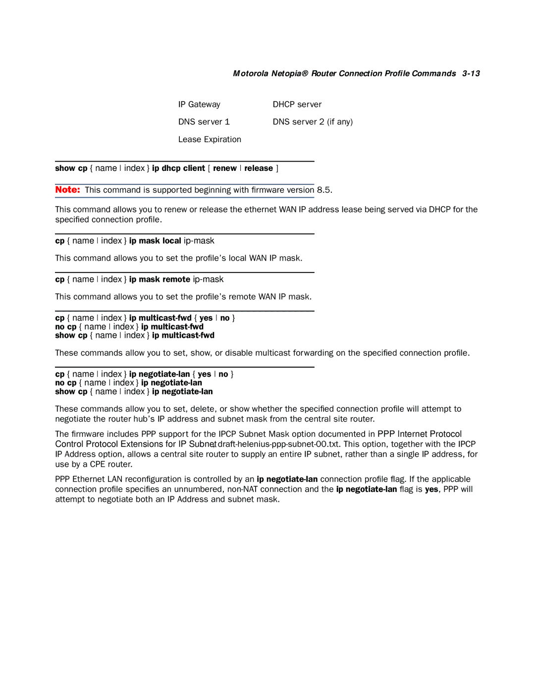 Netopia CLI 874 manual Cp name index ip mask local ip-mask 