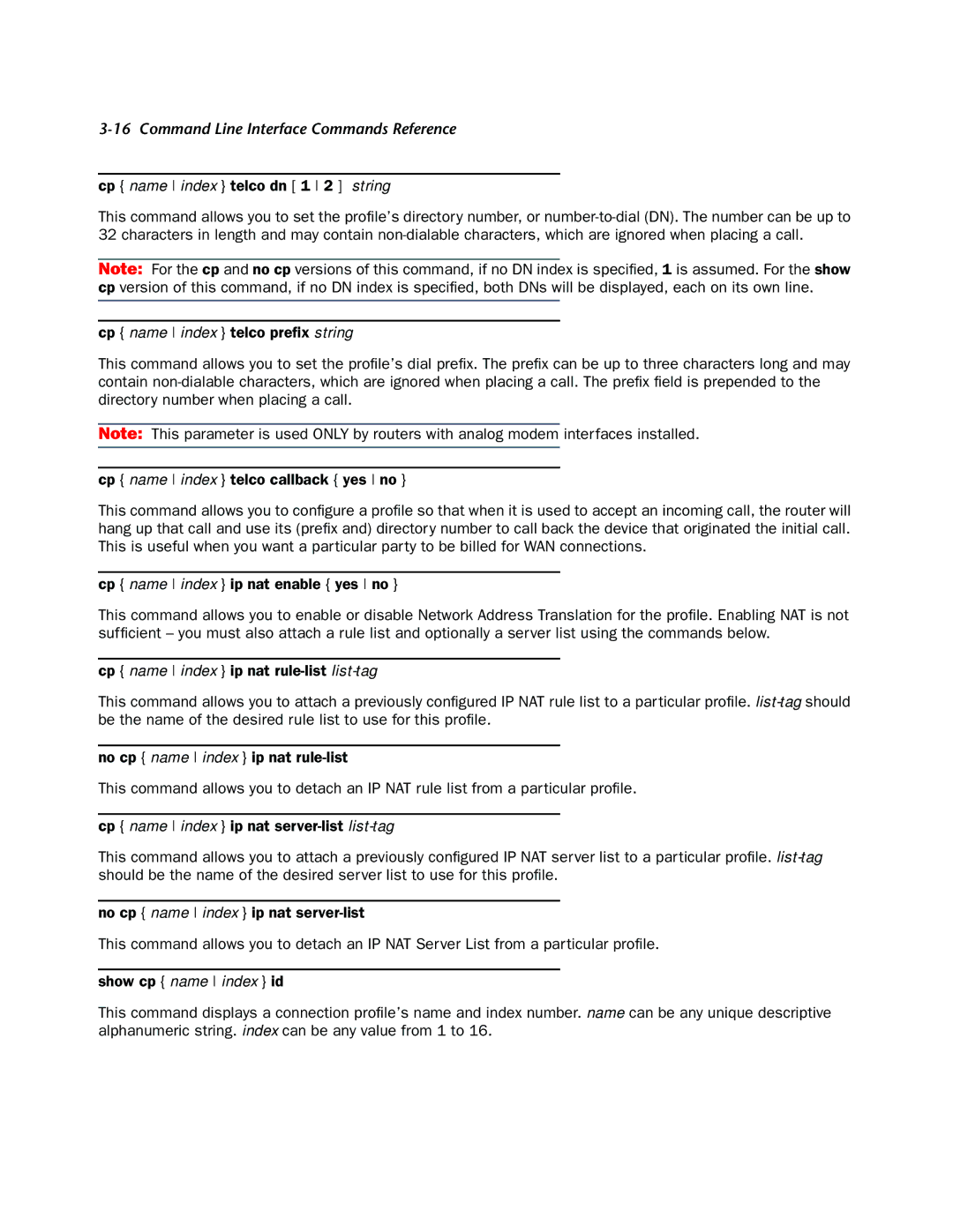 Netopia CLI 874 manual Cp name index telco dn 1 2 string 