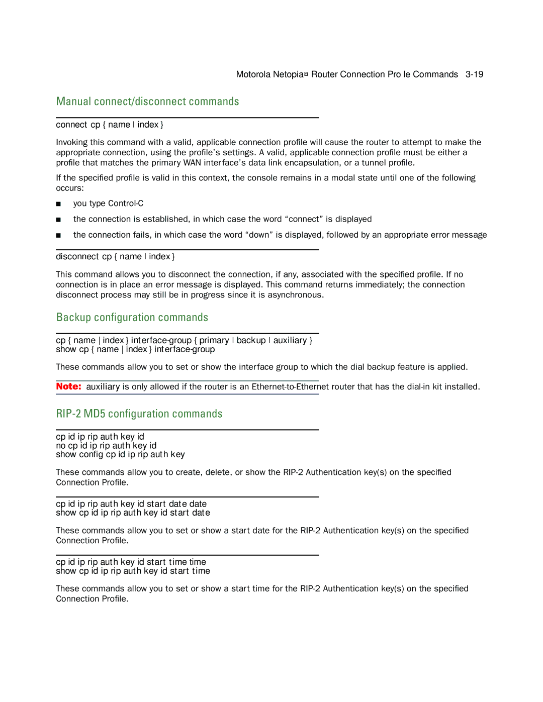 Netopia CLI 874 manual Manual connect/disconnect commands, Backup conﬁguration commands, RIP-2 MD5 conﬁguration commands 