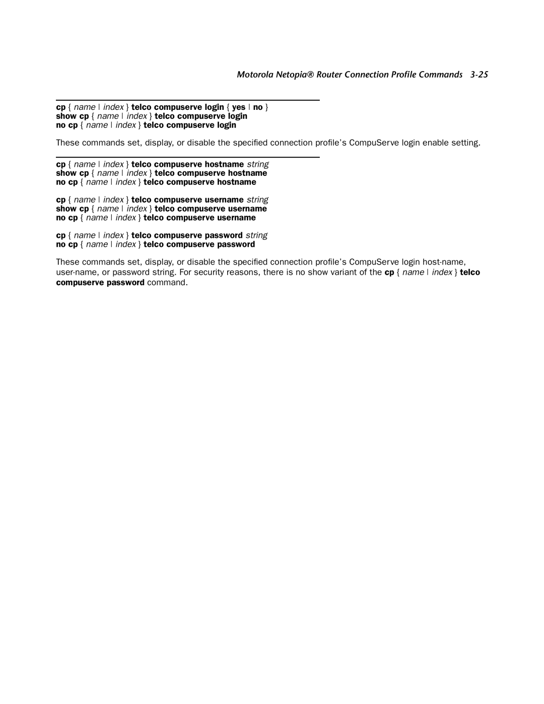 Netopia CLI 874 manual Motorola Netopia Router Connection Proﬁle Commands 