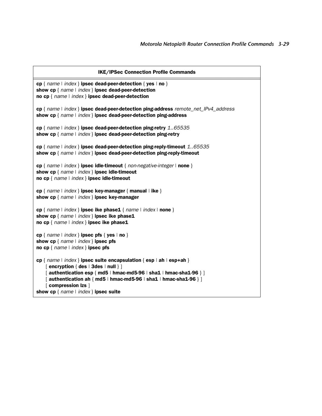 Netopia CLI 874 manual Motorola Netopia Router Connection Proﬁle Commands 