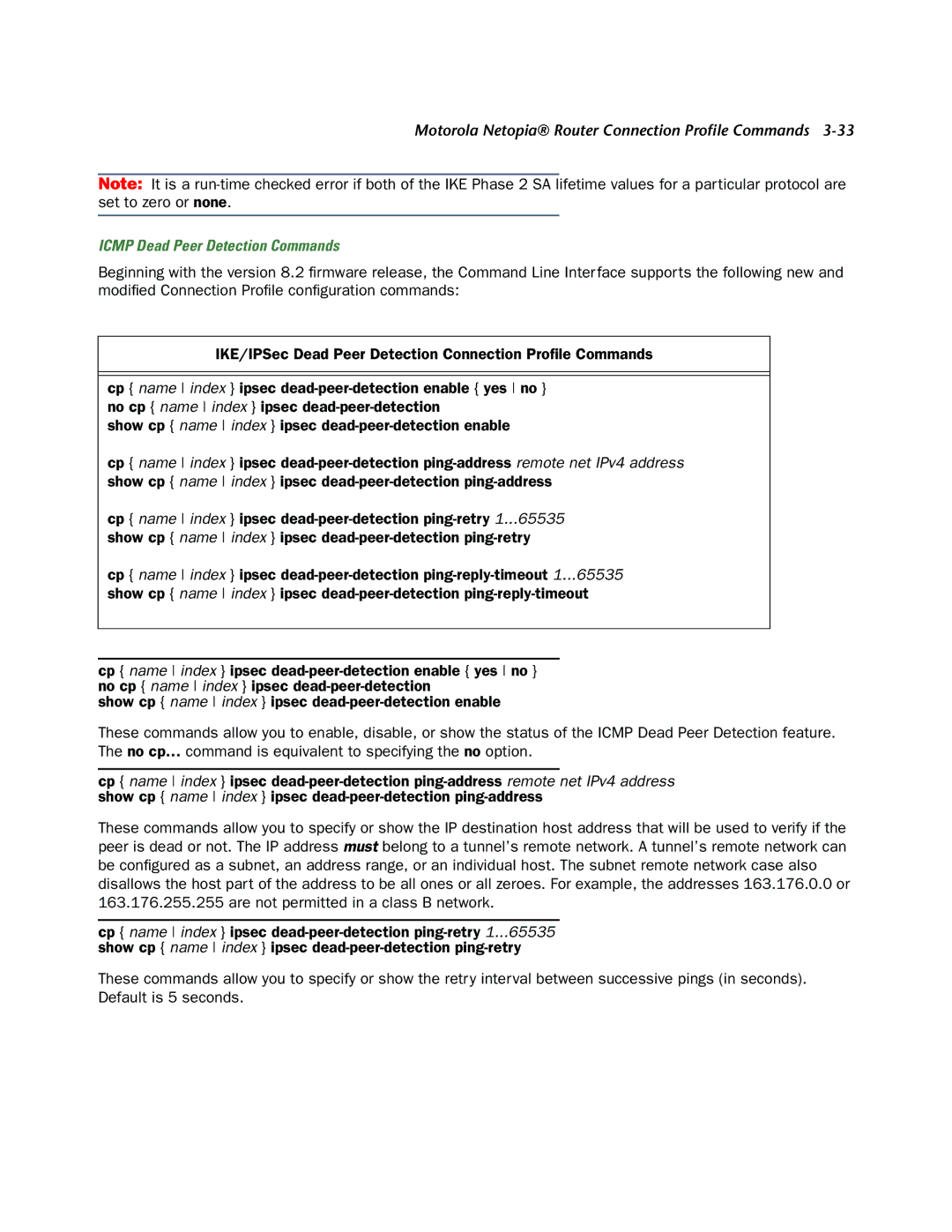 Netopia CLI 874 manual Icmp Dead Peer Detection Commands 