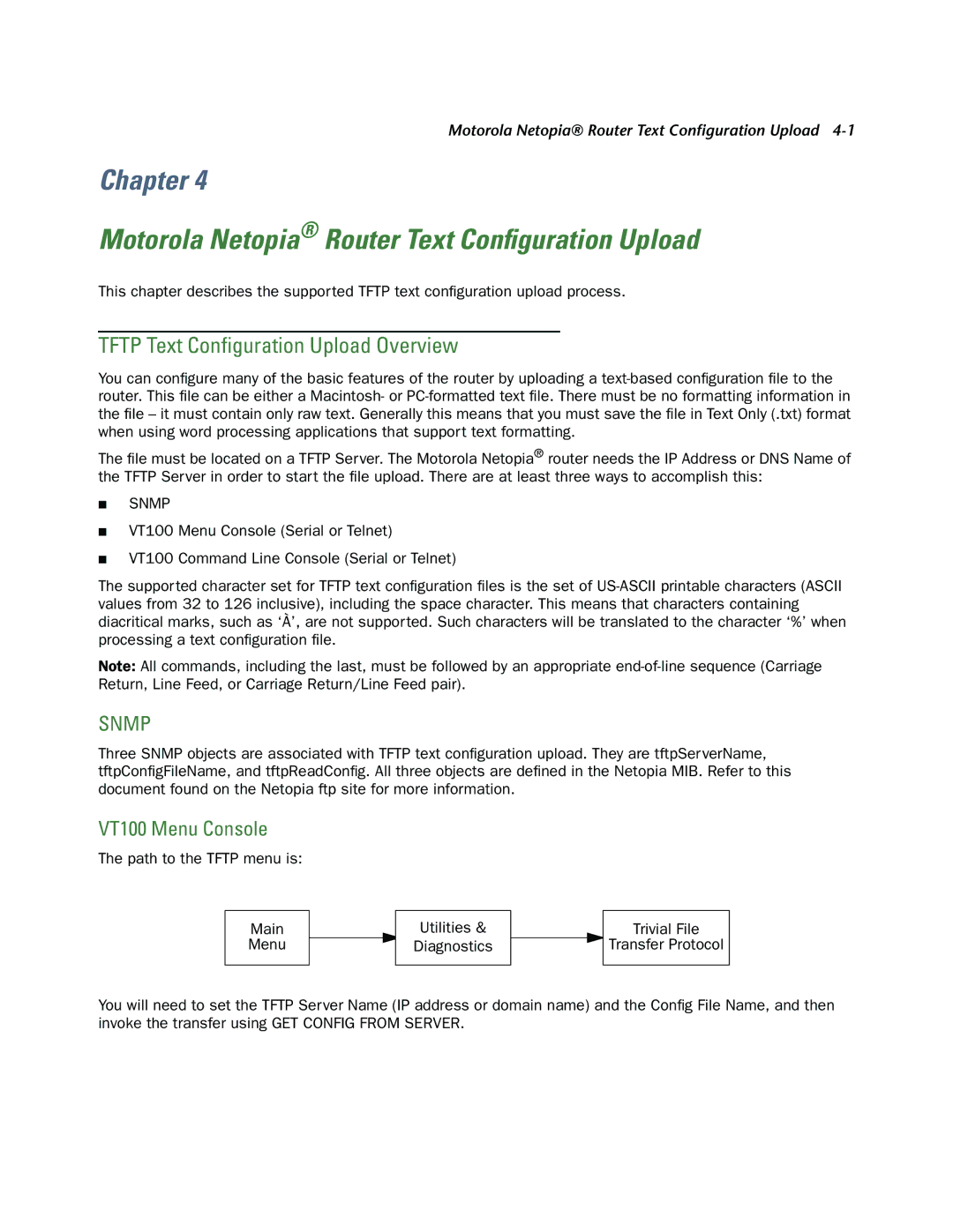 Netopia CLI 874 manual Tftp Text Conﬁguration Upload Overview, VT100 Menu Console 