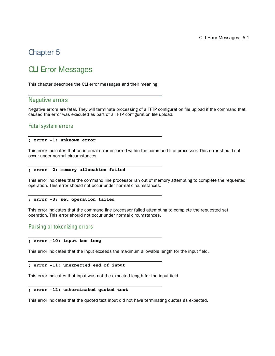 Netopia CLI 874 manual Negative errors, Fatal system errors, Parsing or tokenizing errors 