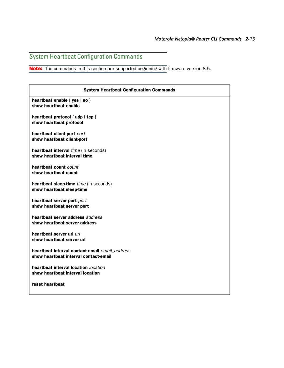 Netopia CLI 874 manual System Heartbeat Conﬁguration Commands 