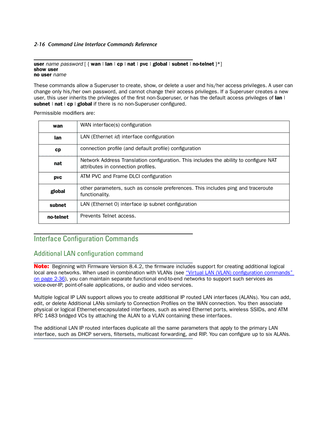 Netopia CLI 874 manual Interface Conﬁguration Commands, Additional LAN conﬁguration command 