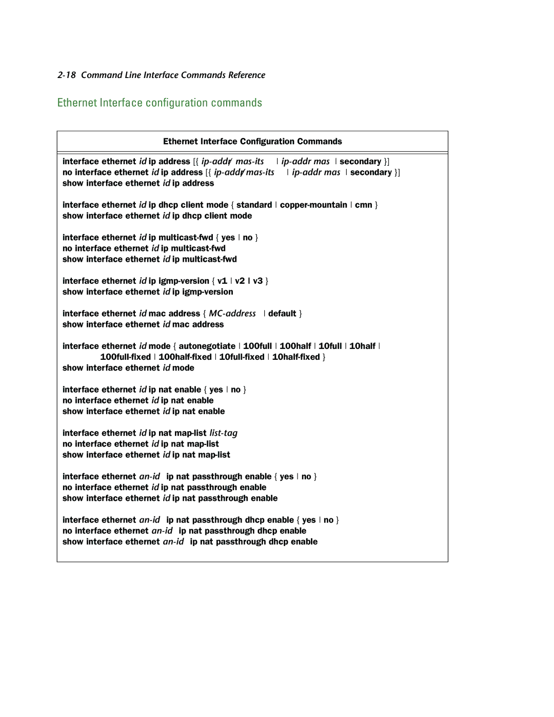 Netopia CLI 874 manual Ethernet Interface conﬁguration commands 