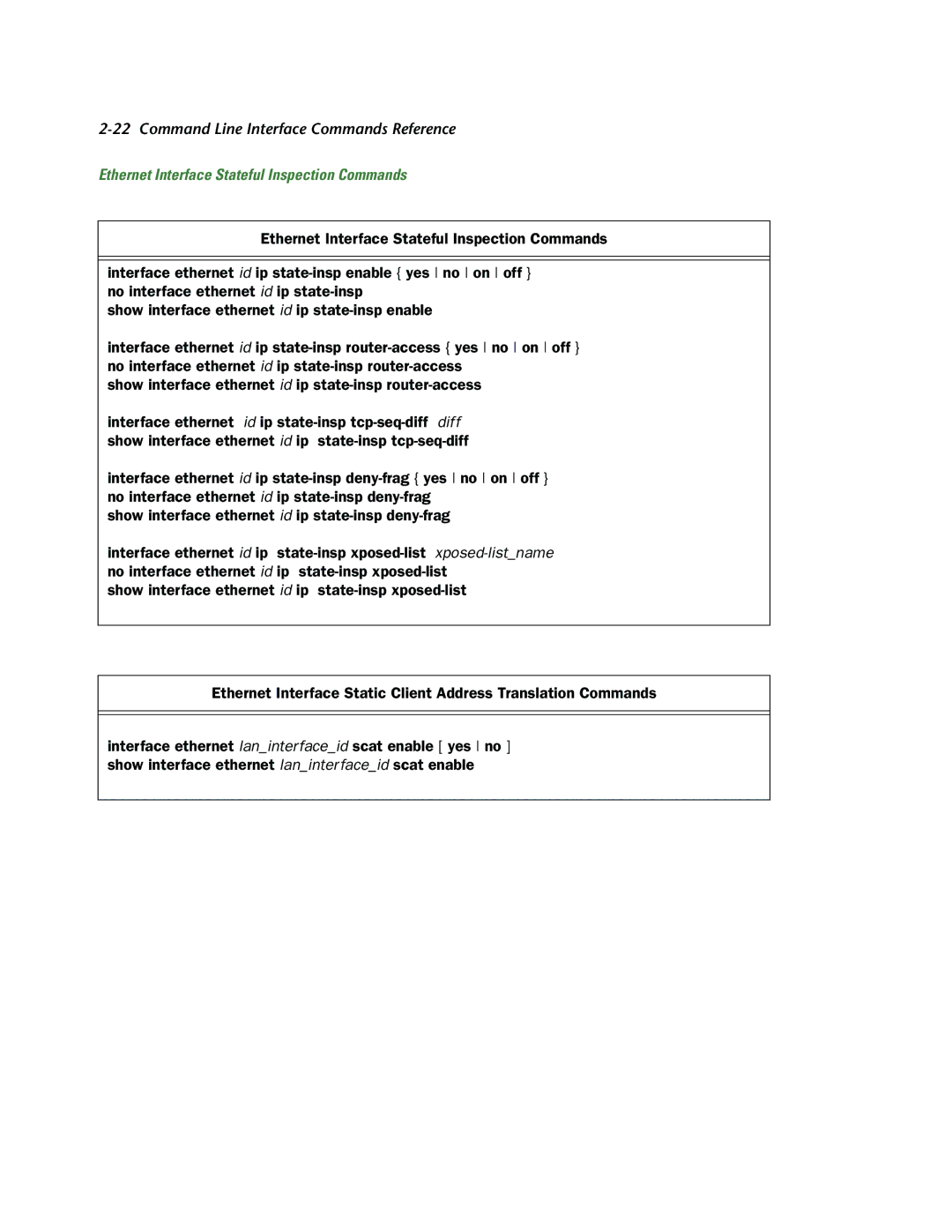 Netopia CLI 874 manual Ethernet Interface Stateful Inspection Commands 