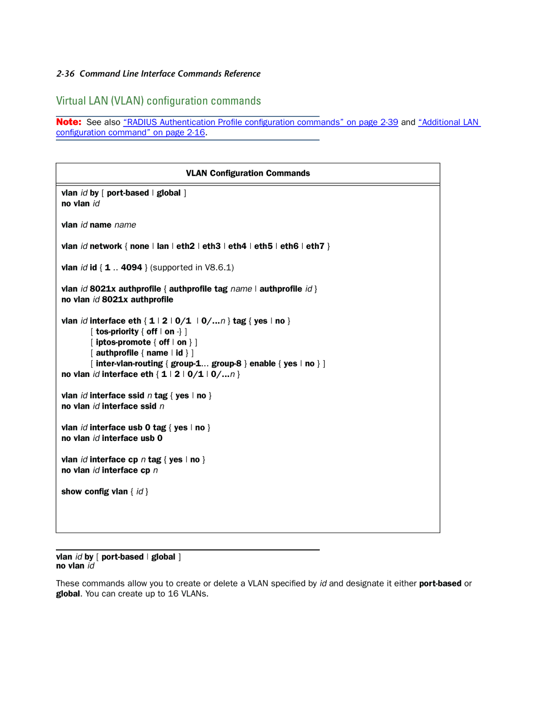 Netopia CLI 874 manual Virtual LAN Vlan conﬁguration commands 