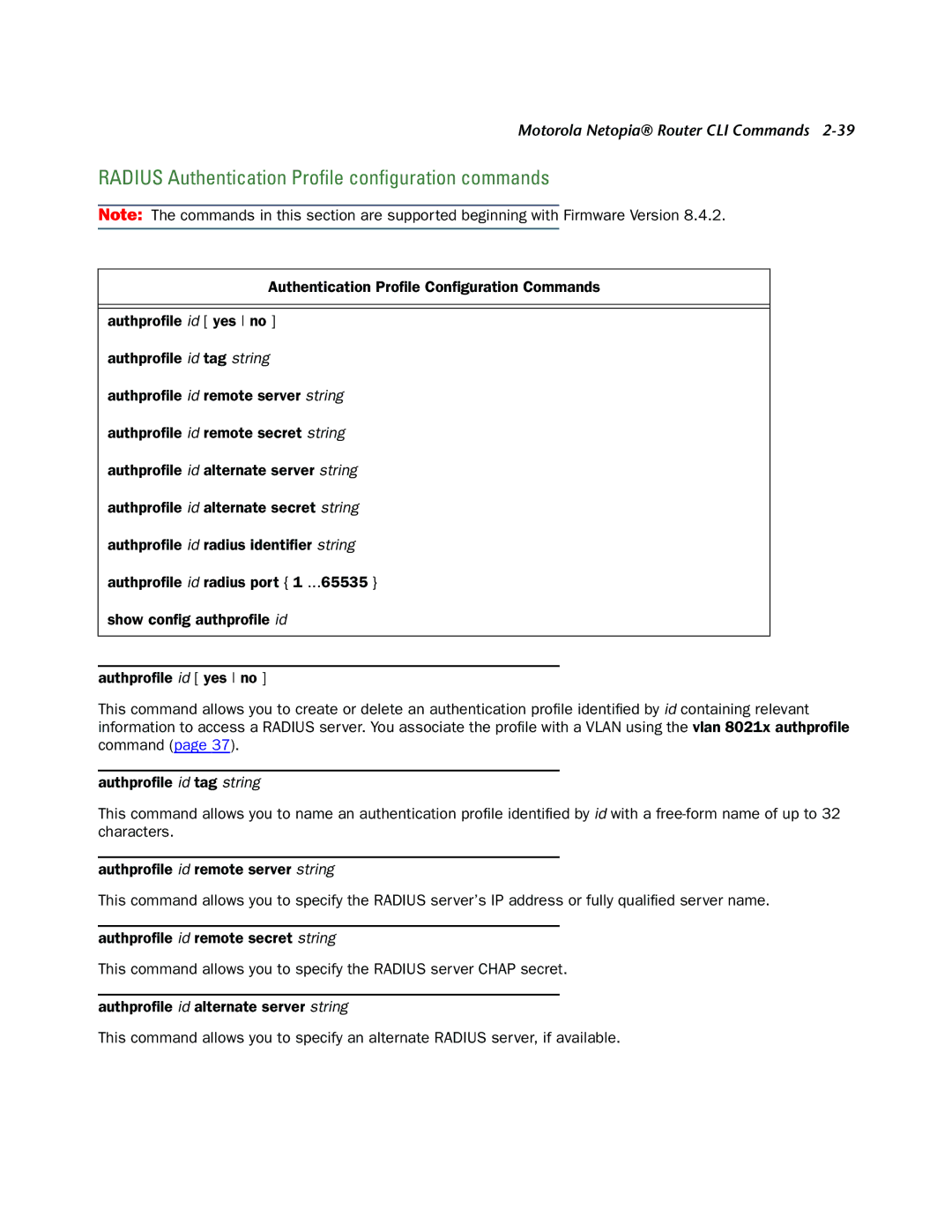 Netopia CLI 874 manual Radius Authentication Proﬁle conﬁguration commands 