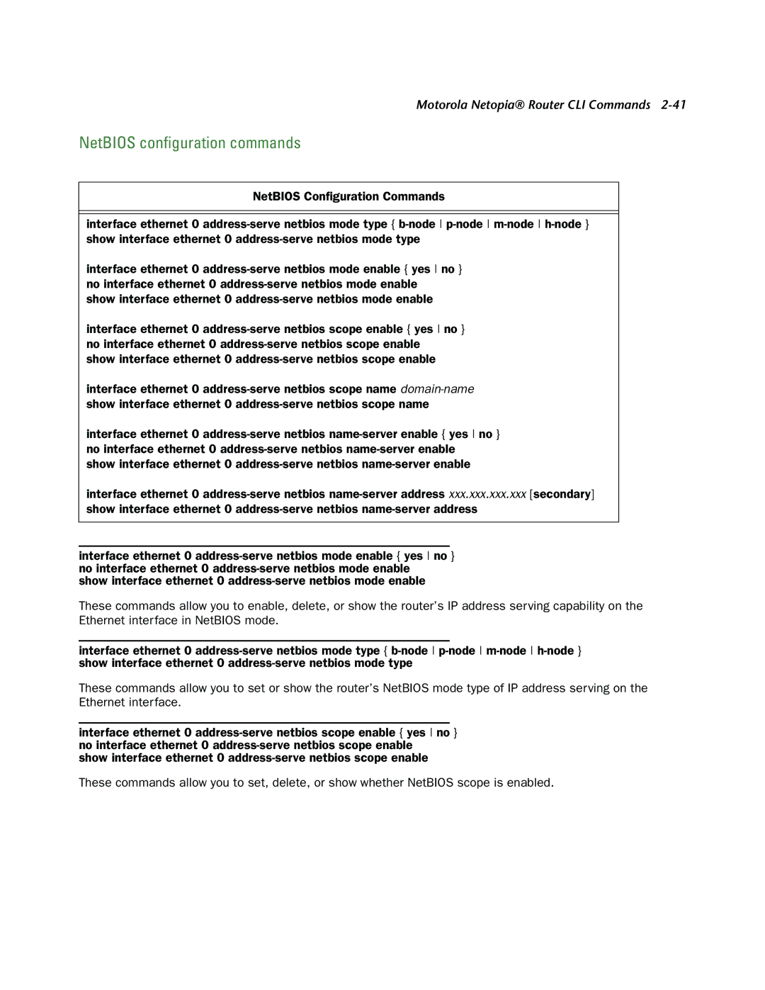 Netopia CLI 874 manual NetBIOS conﬁguration commands 