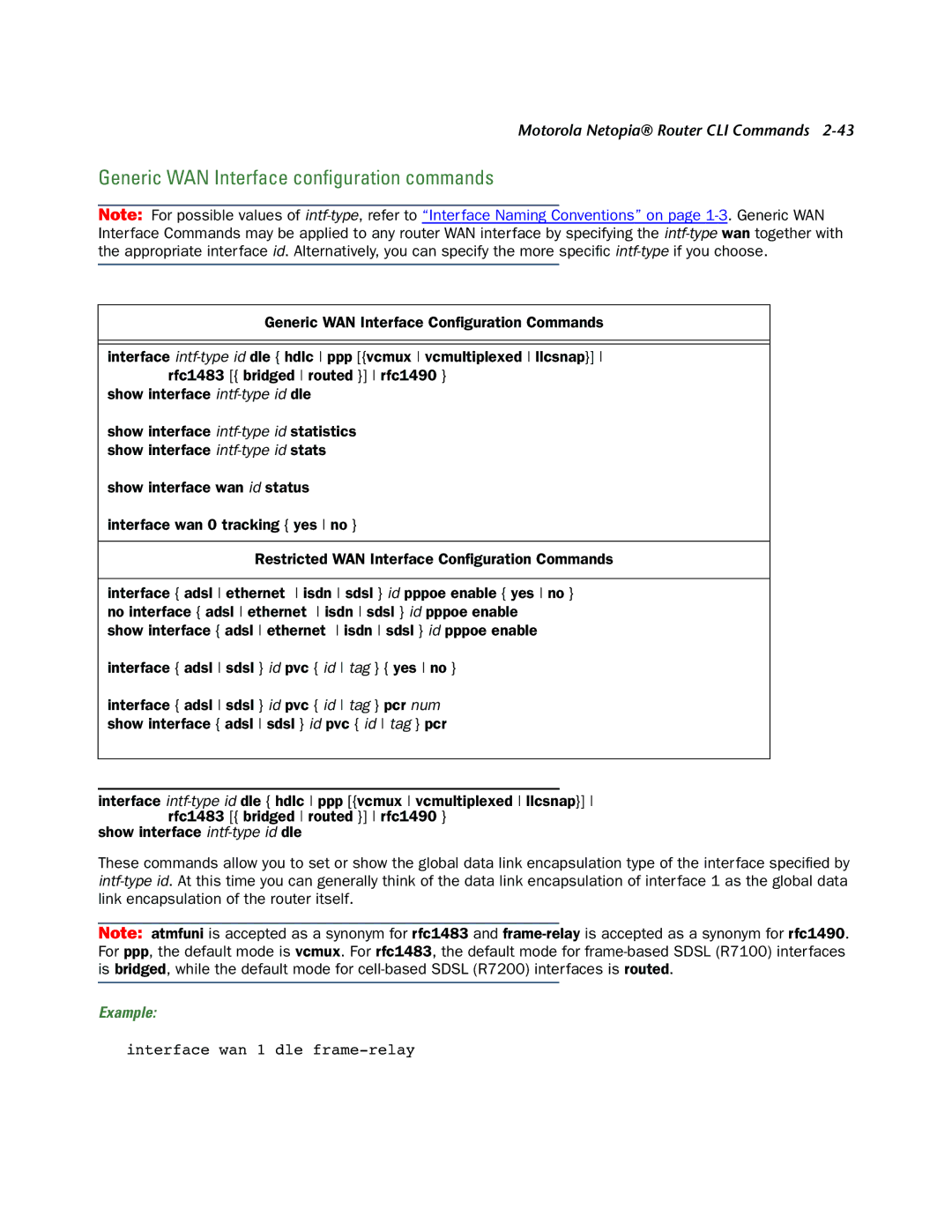 Netopia CLI 874 manual Generic WAN Interface conﬁguration commands, Example 