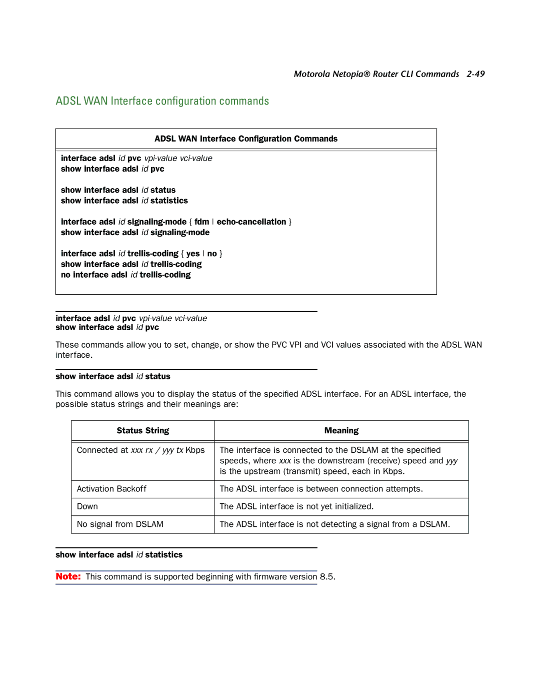 Netopia CLI 874 manual Adsl WAN Interface conﬁguration commands 