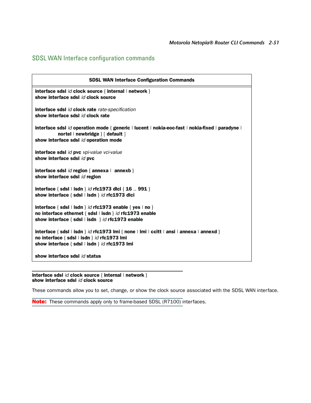 Netopia CLI 874 manual Sdsl WAN Interface conﬁguration commands 