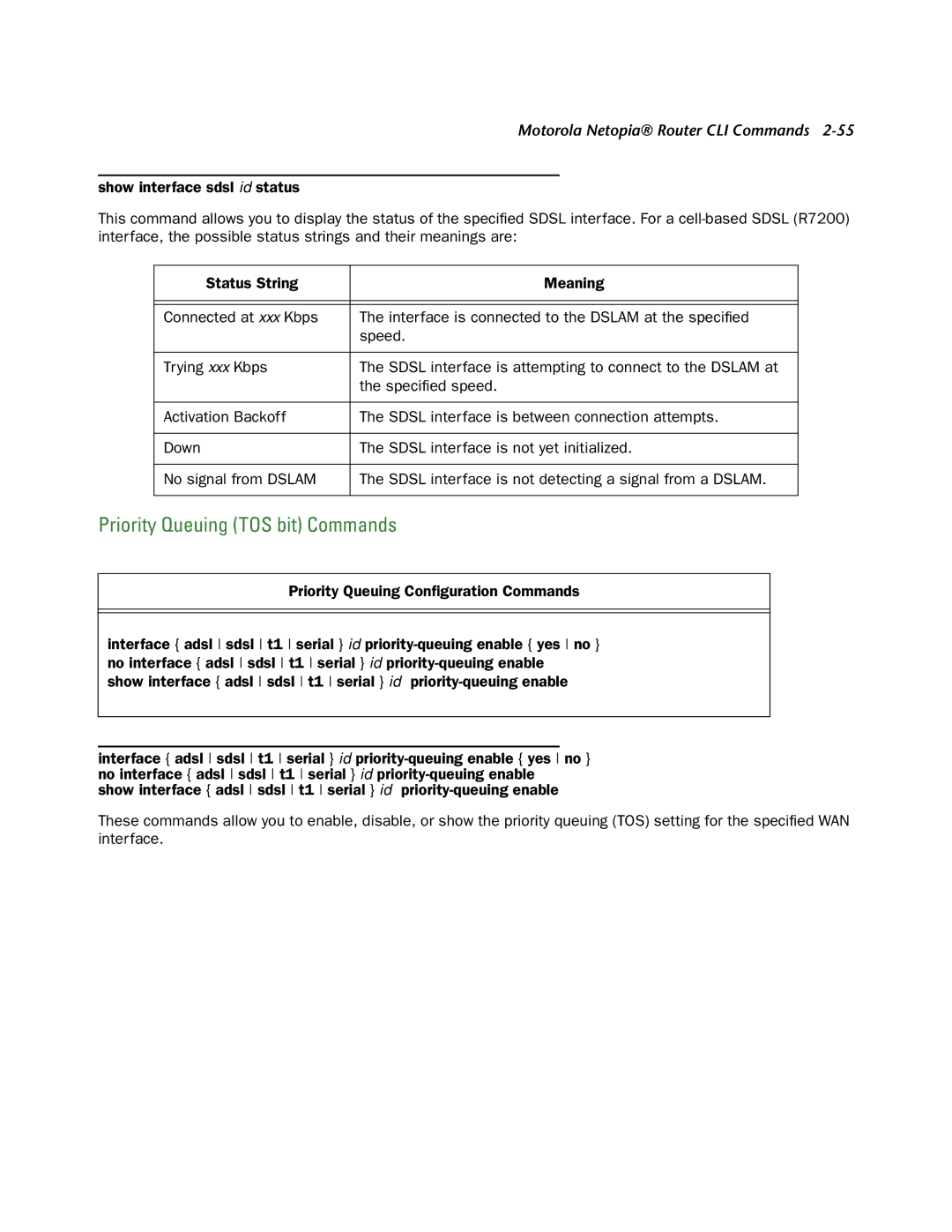 Netopia CLI 874 manual Priority Queuing TOS bit Commands 