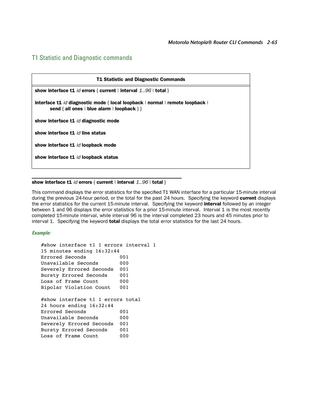 Netopia CLI 874 manual T1 Statistic and Diagnostic commands, Example 