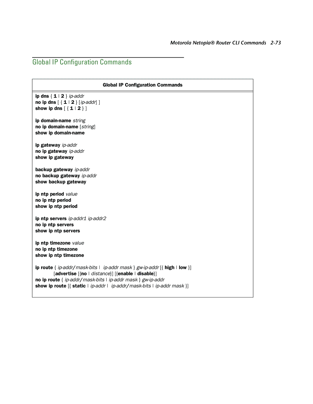 Netopia CLI 874 manual Global IP Conﬁguration Commands 