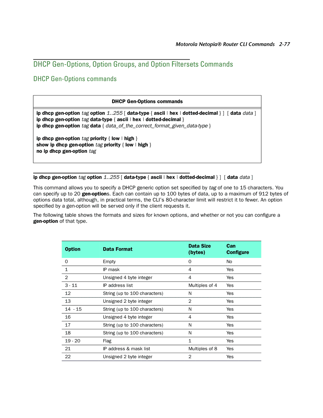 Netopia CLI 874 manual Dhcp Gen-Options commands 