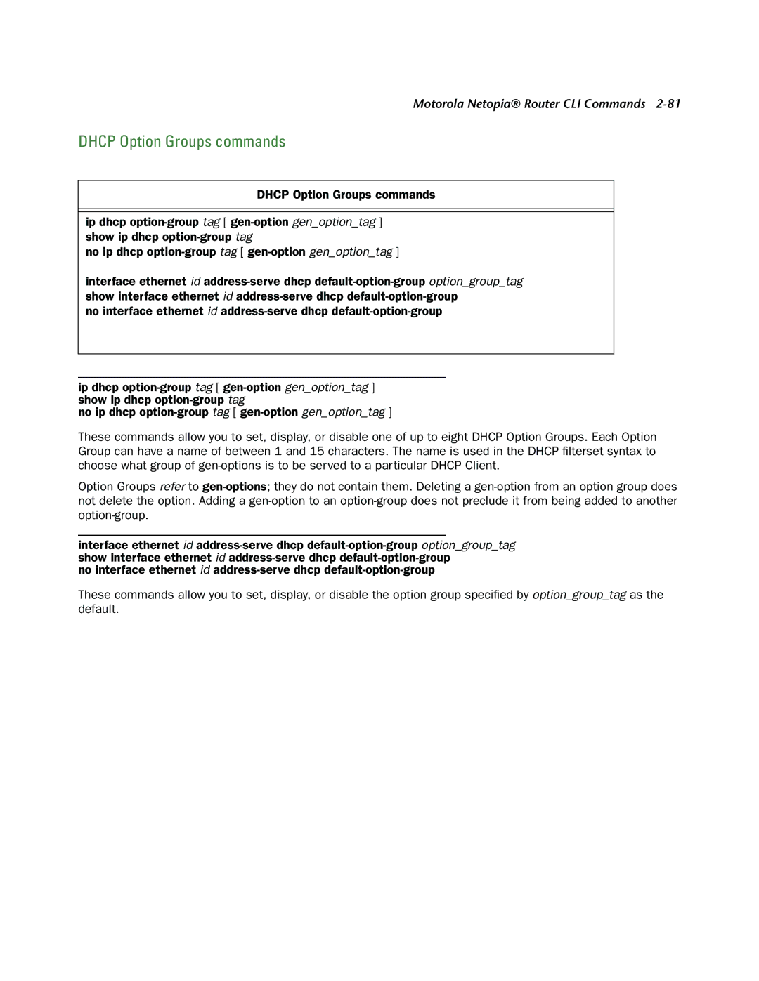 Netopia CLI 874 manual Dhcp Option Groups commands 