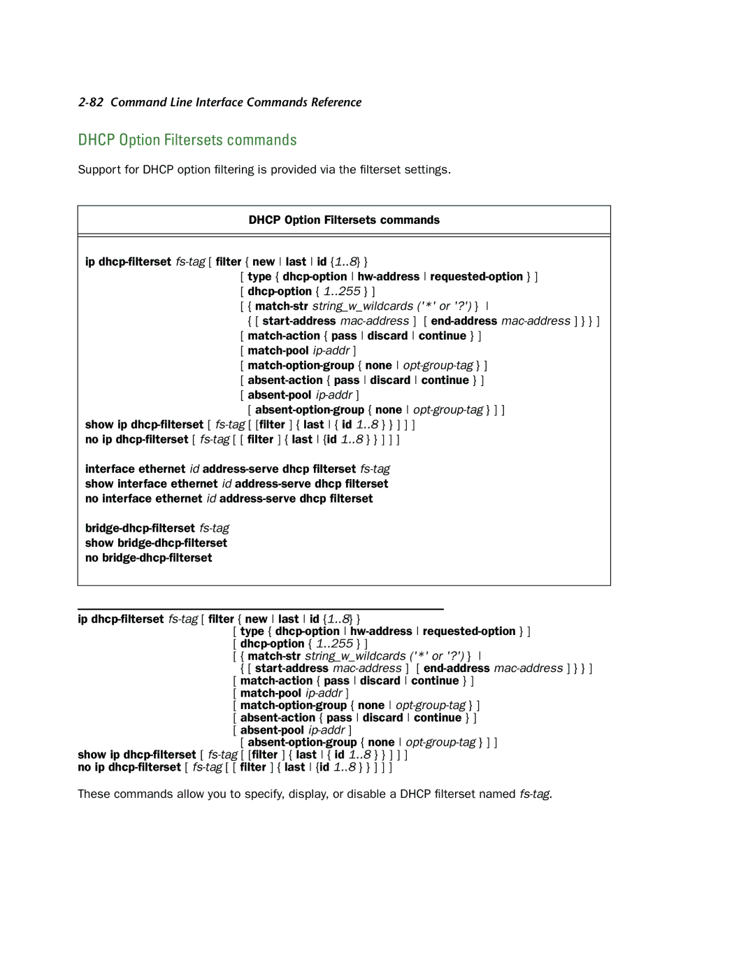 Netopia CLI 874 manual Dhcp Option Filtersets commands 