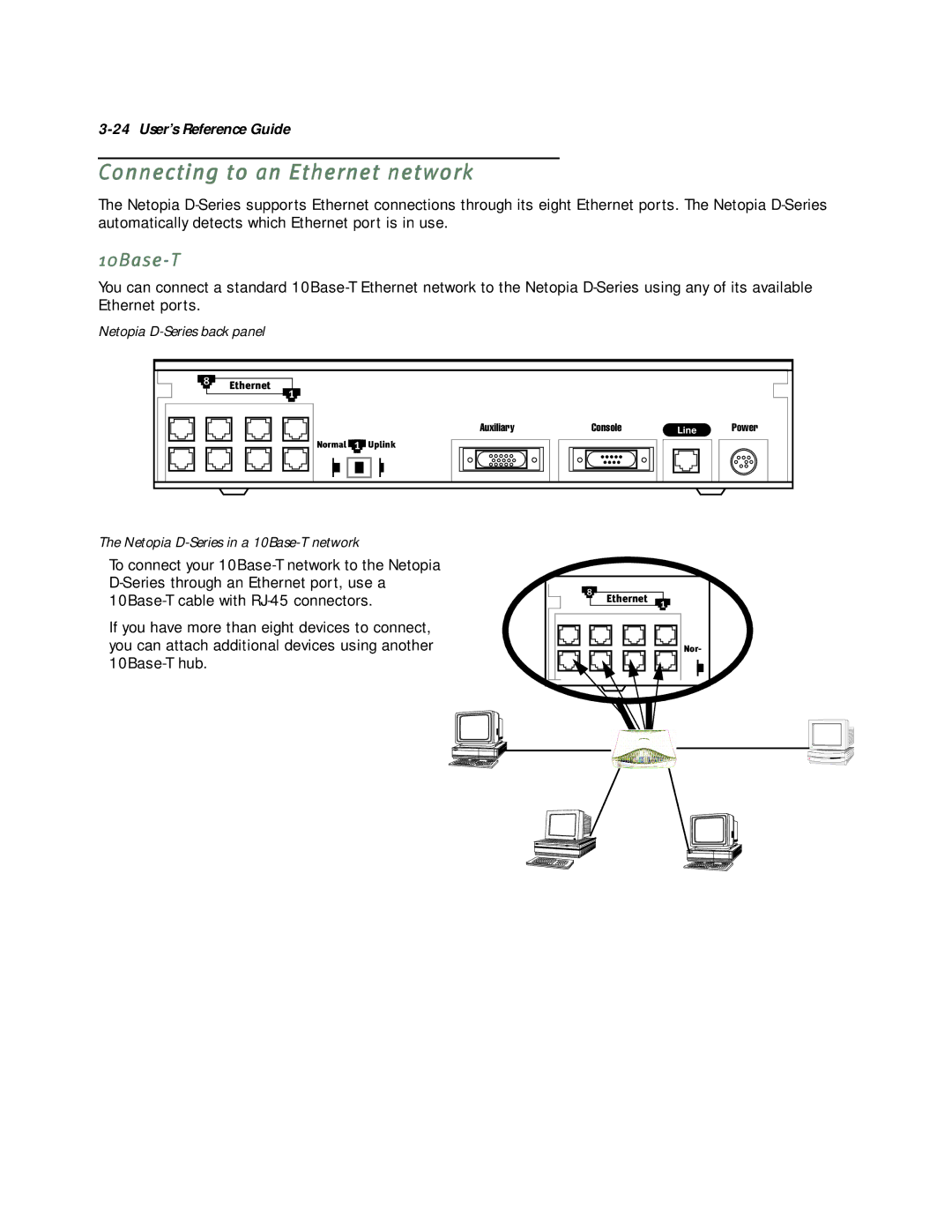 Netopia D7171 SDSL, D7100 SDSL, D3100-I IDSL, D3232 IDSL manual Connecting to an Ethernet network, 10Base-T 