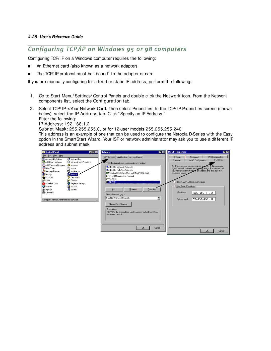 Netopia D7171 SDSL, D7100 SDSL, D3100-I IDSL, D3232 IDSL manual Configuring TCP/IP on Windows 95 or 98 computers 