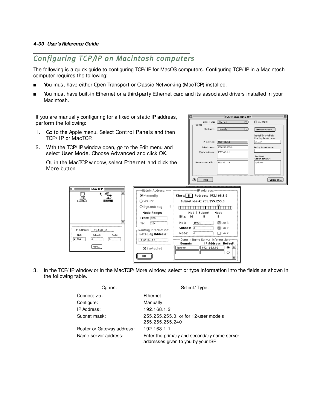 Netopia D3100-I IDSL, D7171 SDSL, D7100 SDSL, D3232 IDSL manual Configuring TCP/IP on Macintosh computers, TCP/IP or MacTCP 