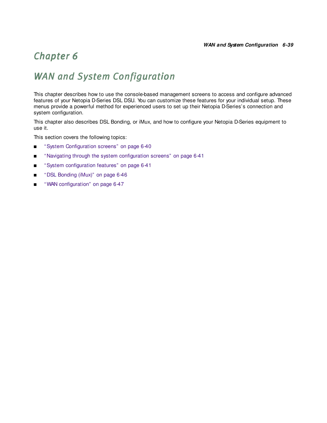 Netopia D3232 IDSL, D7171 SDSL, D7100 SDSL, D3100-I IDSL manual Chapter WAN and System Configuration 