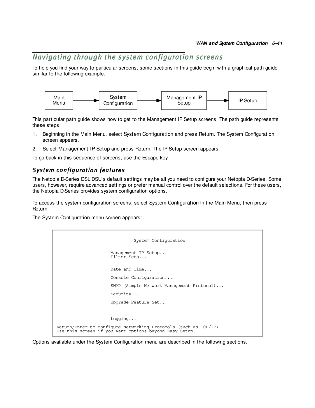 Netopia D7100 SDSL, D7171 SDSL manual Navigating through the system configuration screens, System configuration features 