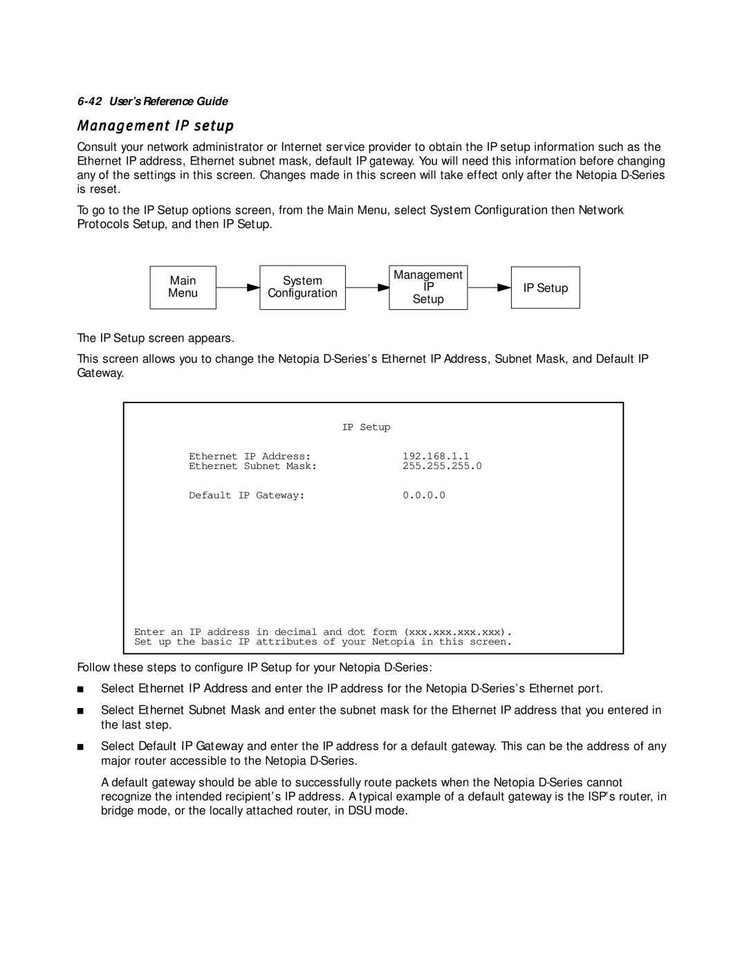 Netopia D3100-I IDSL, D7171 SDSL, D7100 SDSL, D3232 IDSL manual Management IP setup 