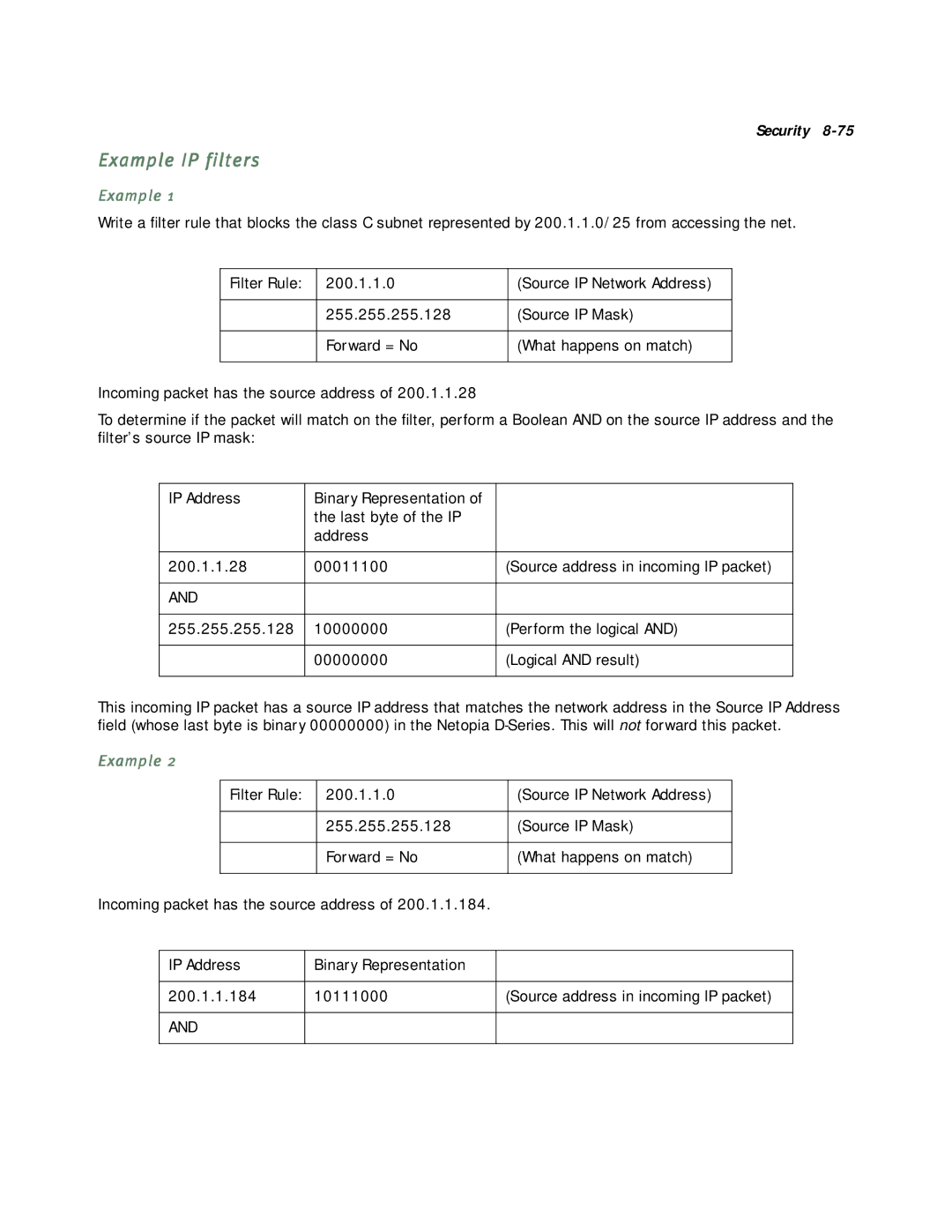 Netopia D3232 IDSL, D7171 SDSL, D7100 SDSL, D3100-I IDSL manual Example IP filters 