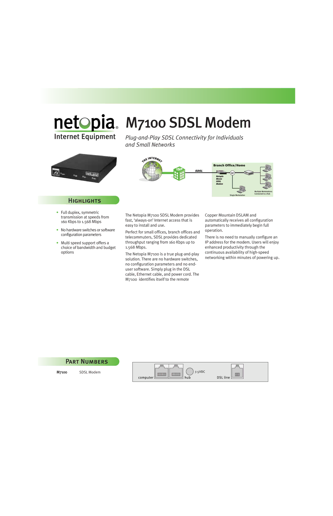 Netopia manual M7100 Sdsl Modem, Highlights, Part Numbers 