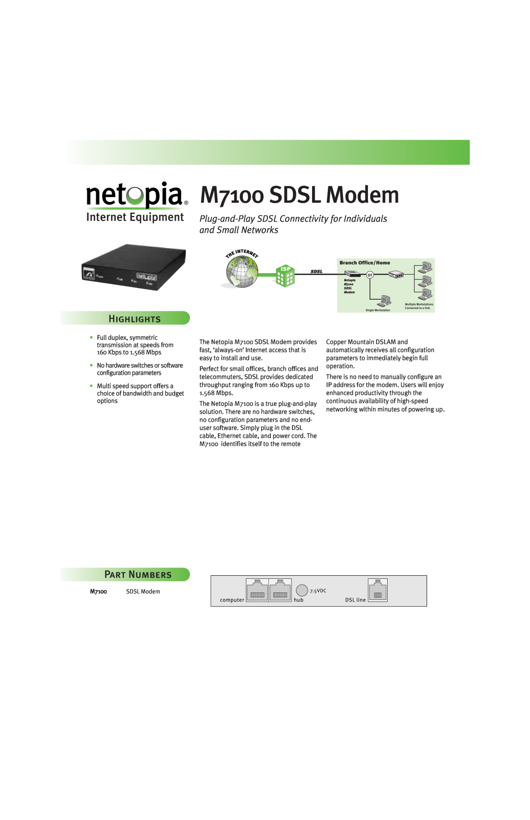 Netopia manual M7100 SDSL Modem, Highlights, PartNumbers 