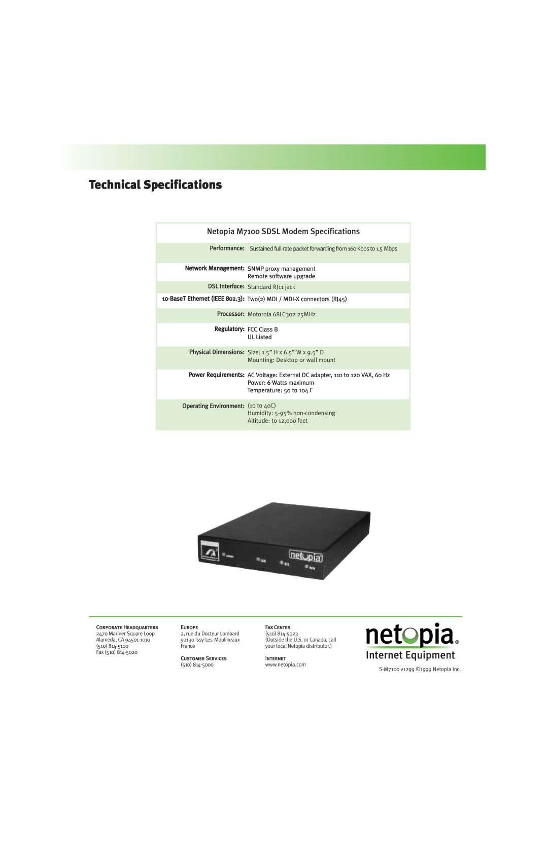 Netopia manual Technical Specifications, Netopia M7100 SDSL Modem Specifications 