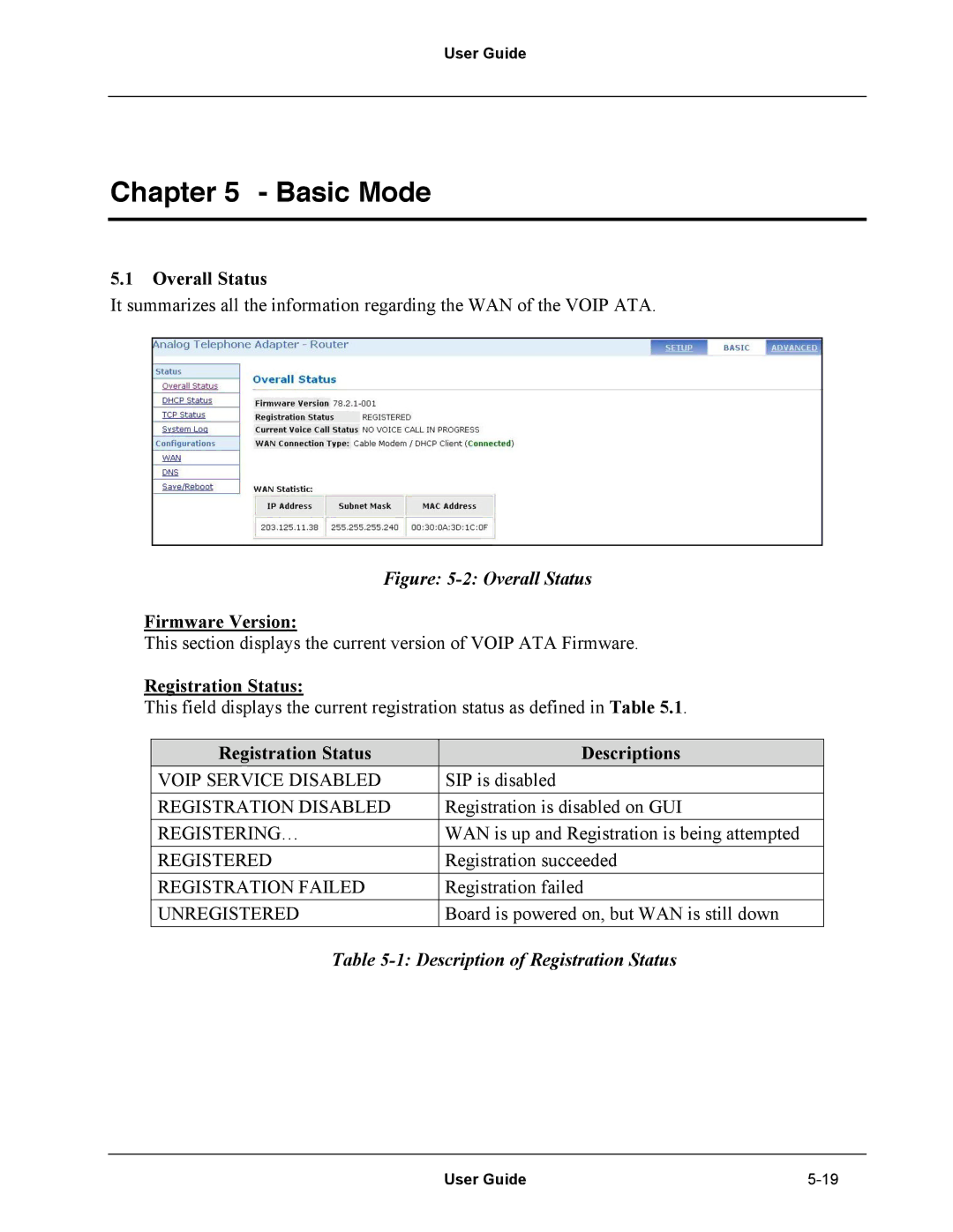 Netopia Network Adapater manual Basic Mode, Overall Status, Firmware Version, Registration Status 