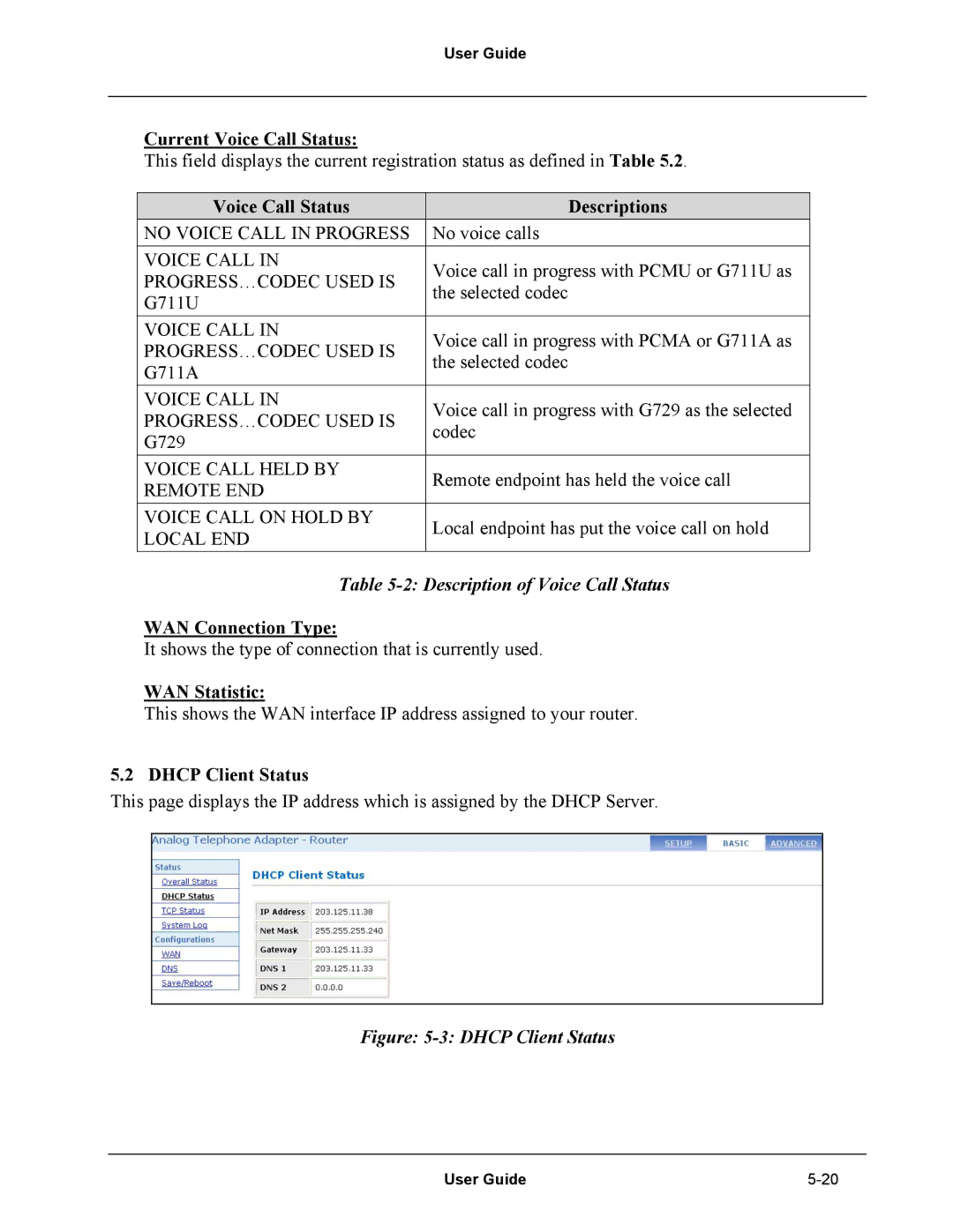 Netopia Network Adapater Current Voice Call Status, Voice Call Status Descriptions, WAN Connection Type, WAN Statistic 