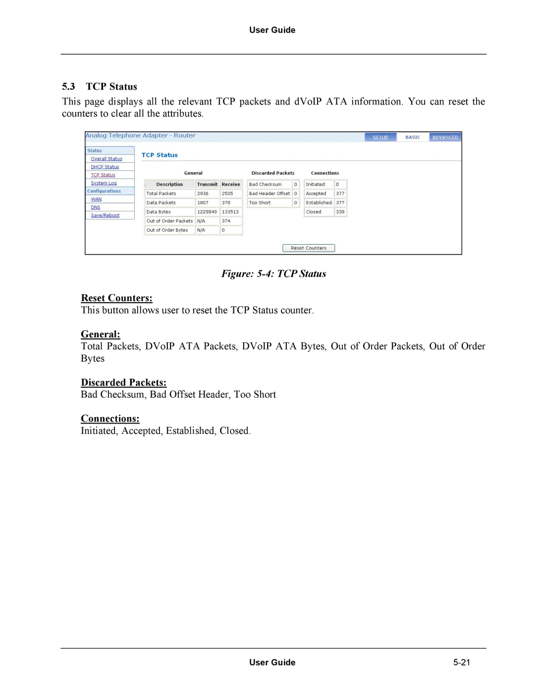 Netopia Network Adapater manual TCP Status, Reset Counters, General, Discarded Packets, Connections 