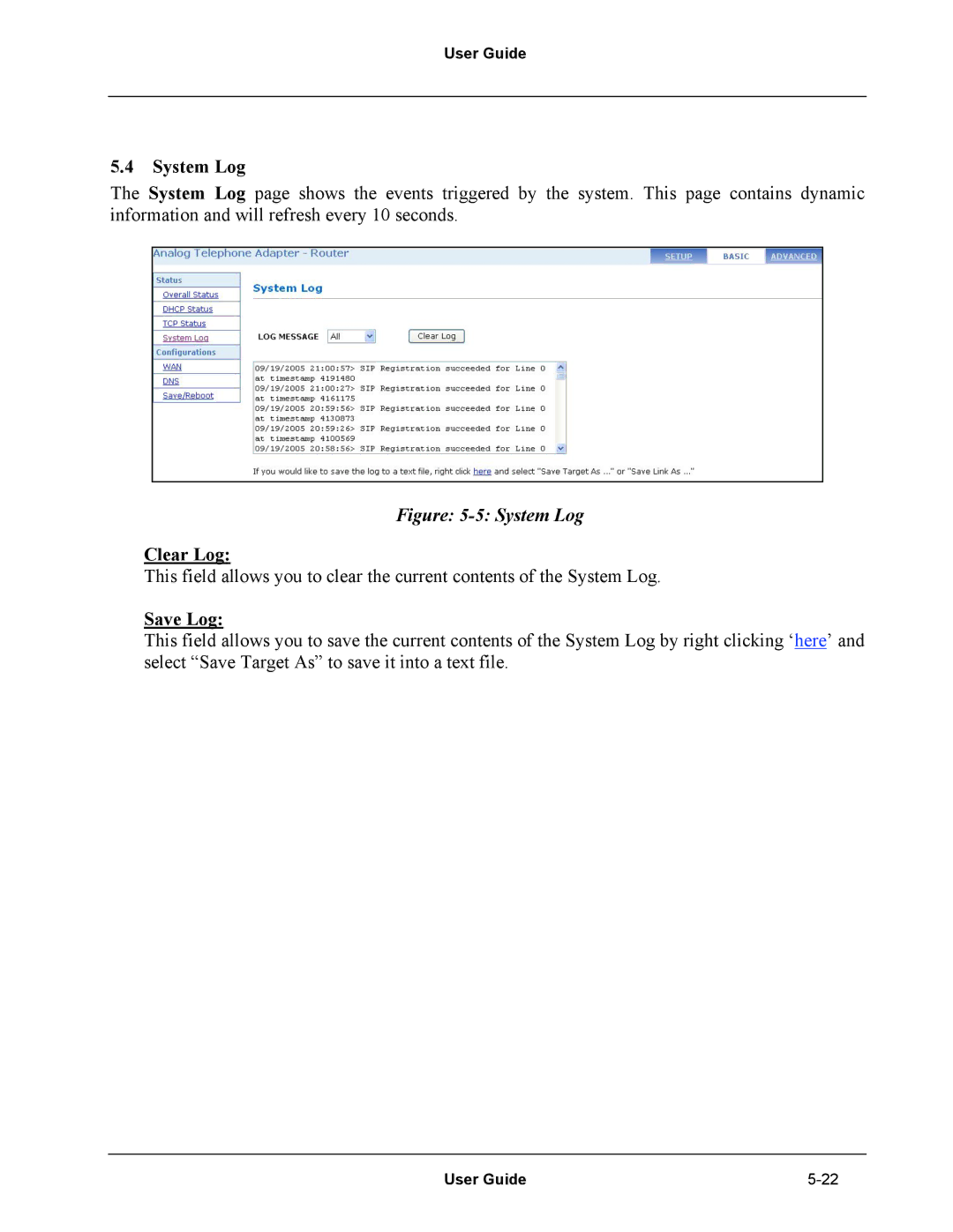 Netopia Network Adapater manual System Log, Clear Log, Save Log 