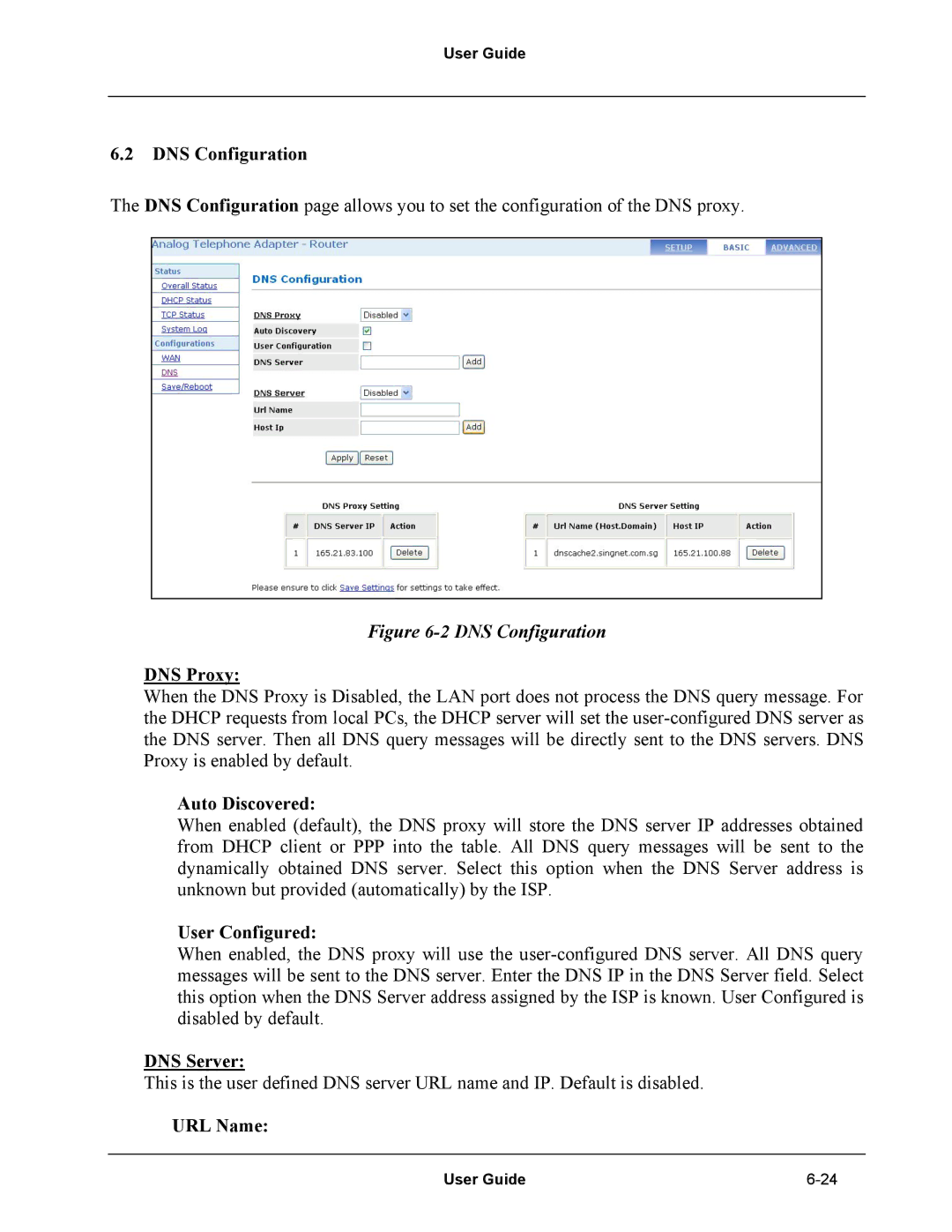 Netopia Network Adapater manual DNS Configuration, DNS Proxy, Auto Discovered, User Configured, DNS Server, URL Name 