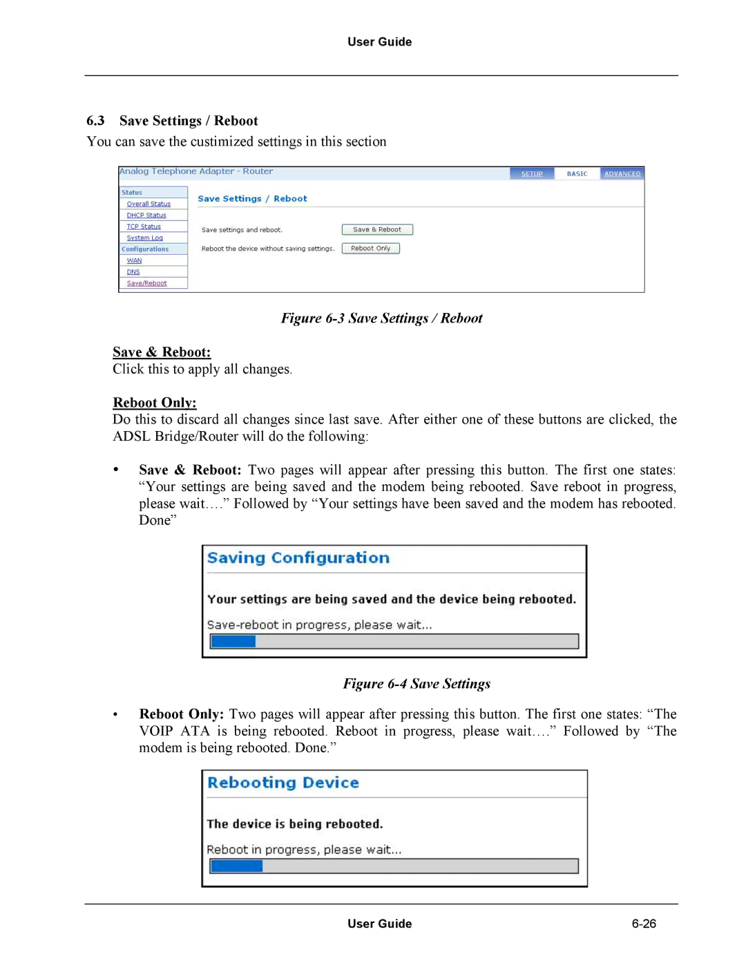 Netopia Network Adapater manual Save Settings / Reboot, Save & Reboot, Reboot Only 