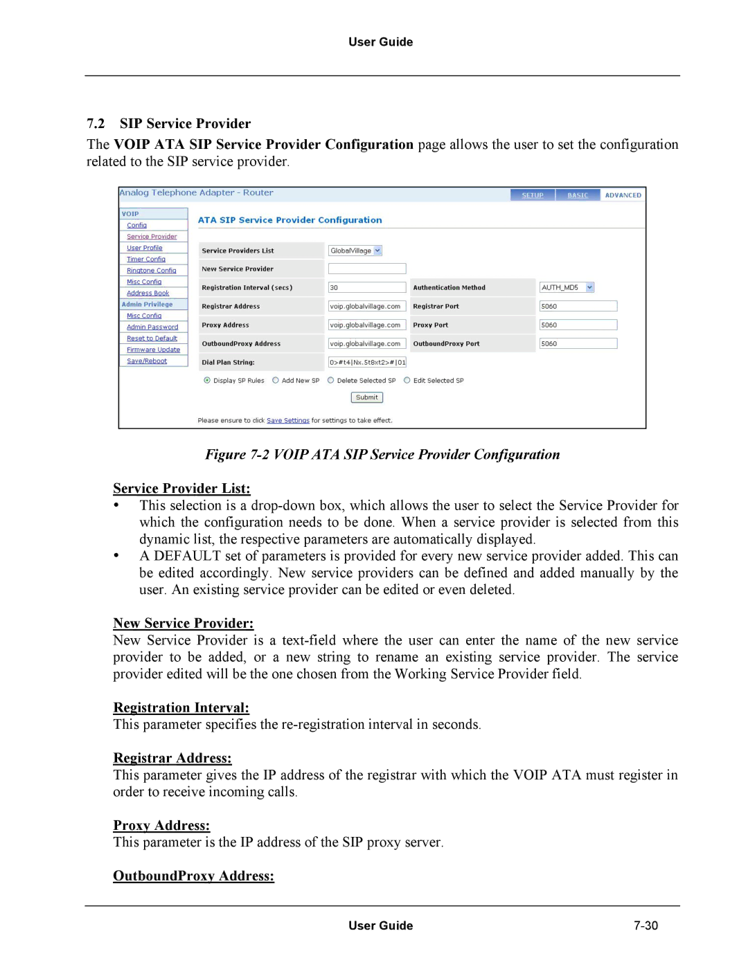 Netopia Network Adapater manual SIP Service Provider, Service Provider List, New Service Provider, Registration Interval 