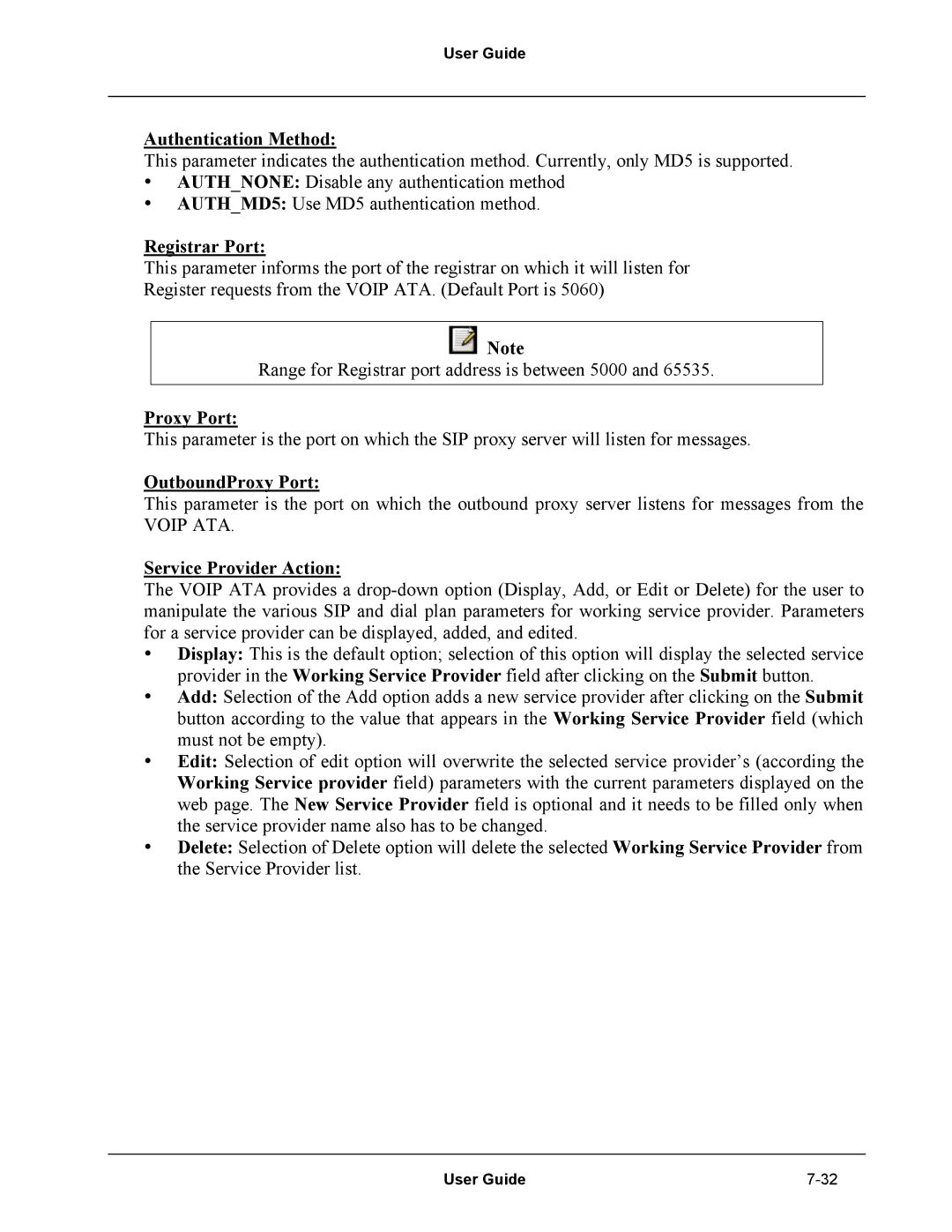 Netopia Network Adapater manual Authentication Method, Registrar Port, OutboundProxy Port, Service Provider Action 