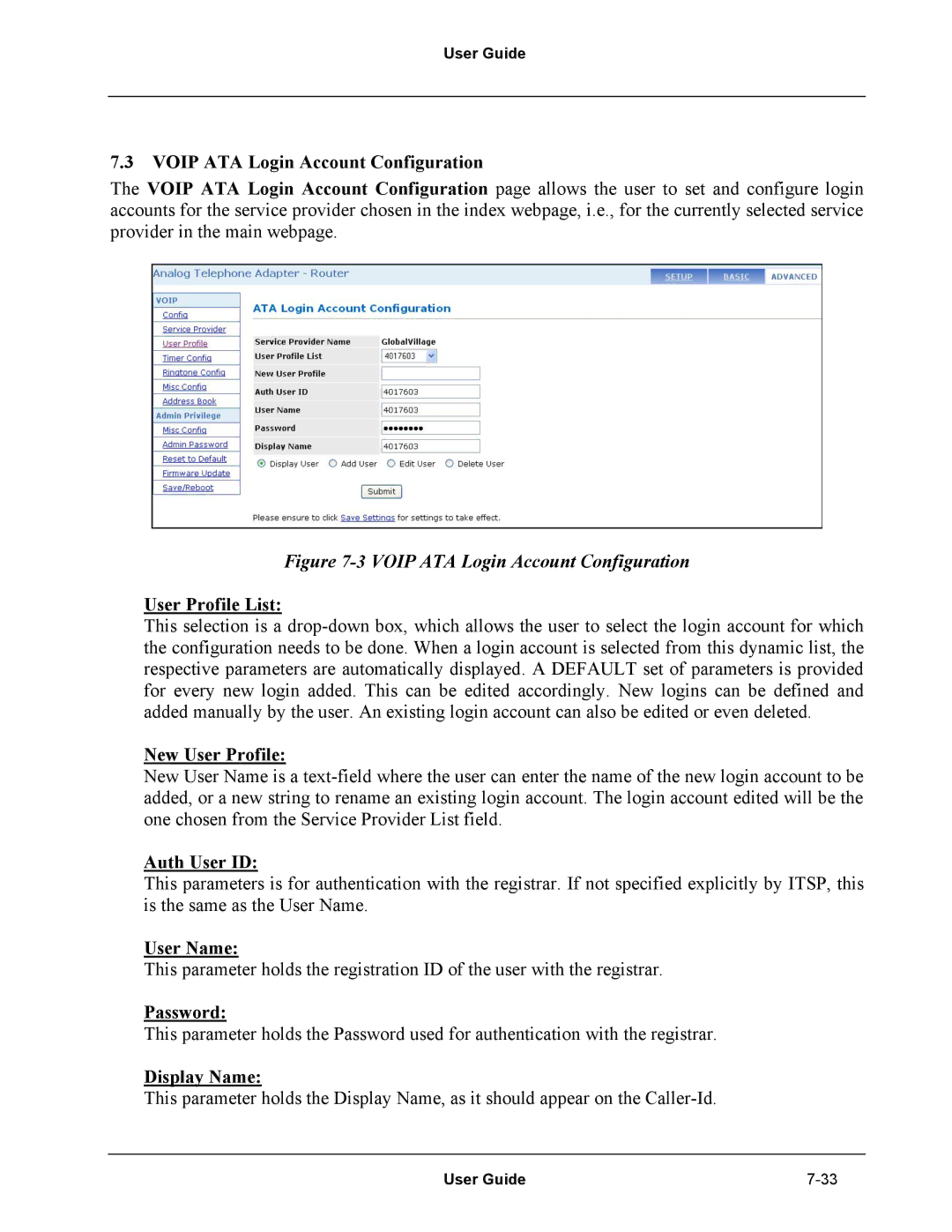 Netopia Network Adapater Voip ATA Login Account Configuration, User Profile List, New User Profile, Auth User ID, Password 