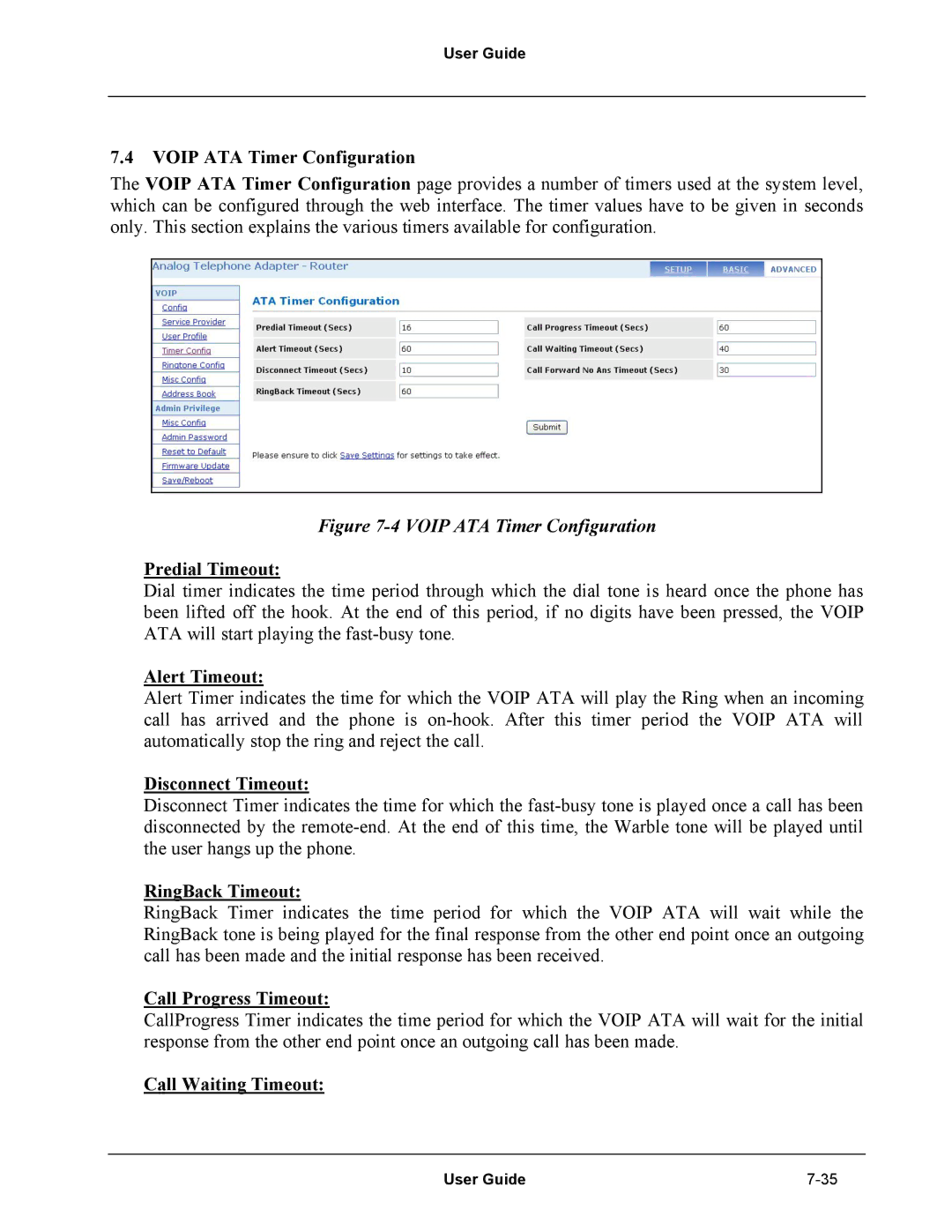 Netopia Network Adapater manual Voip ATA Timer Configuration, Predial Timeout, Alert Timeout, Disconnect Timeout 