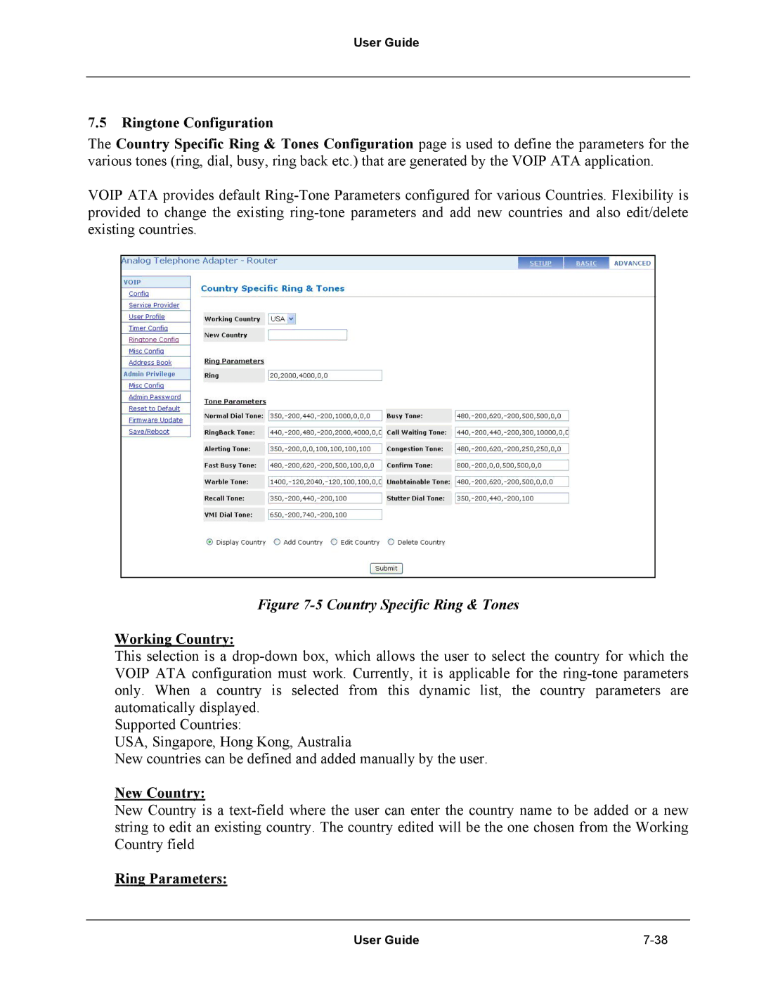 Netopia Network Adapater manual Ringtone Configuration, Working Country, New Country, Ring Parameters 