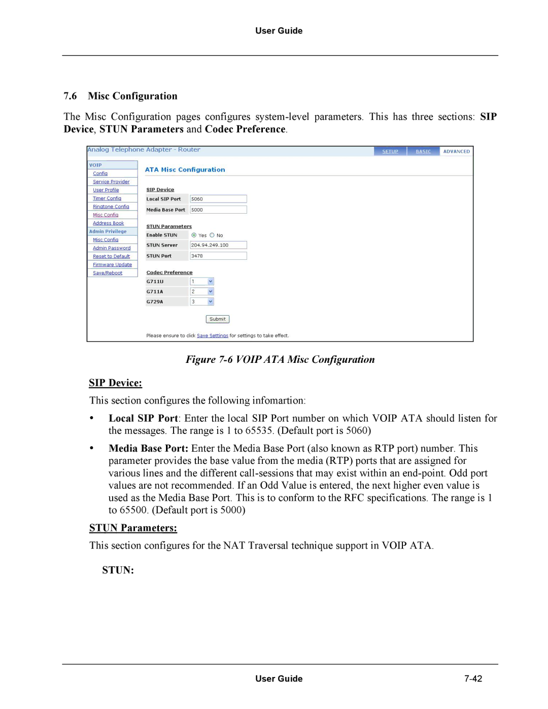 Netopia Network Adapater manual Misc Configuration, SIP Device, Stun Parameters 