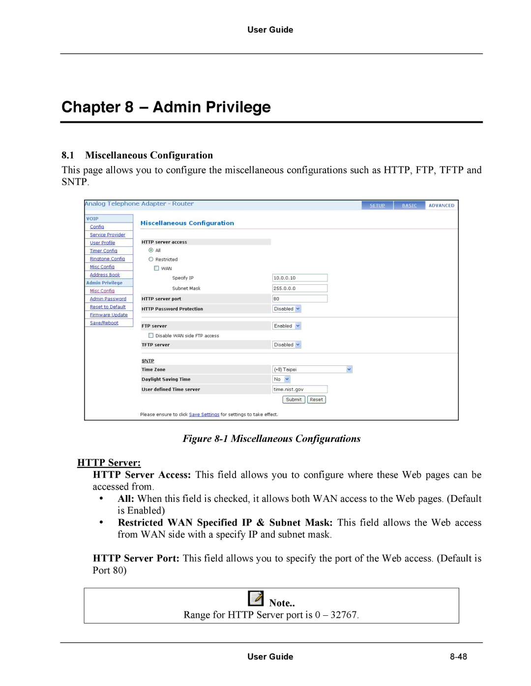 Netopia Network Adapater manual Admin Privilege, Miscellaneous Configuration, Http Server 