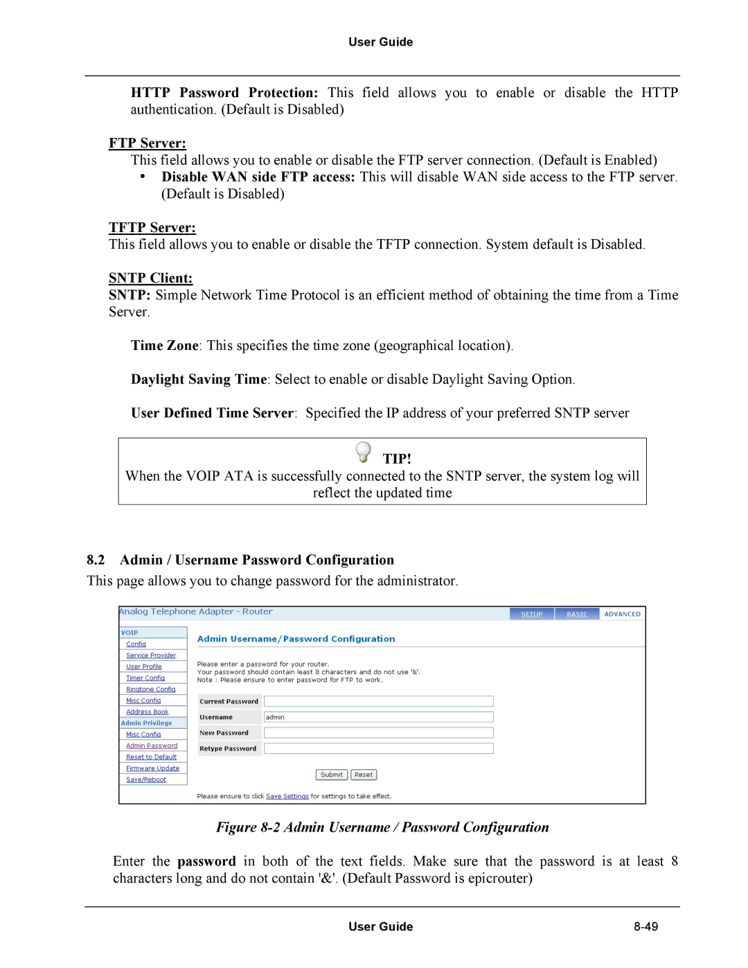 Netopia Network Adapater manual FTP Server, Tftp Server, Sntp Client, Tip, Admin / Username Password Configuration 