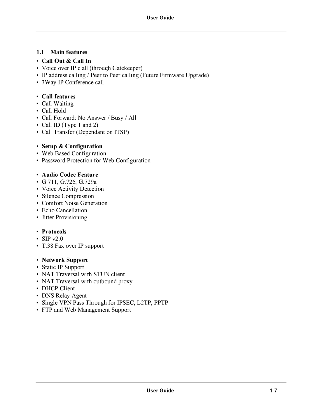 Netopia Network Adapater manual Main features Call Out & Call, Call features, Setup & Configuration, Audio Codec Feature 